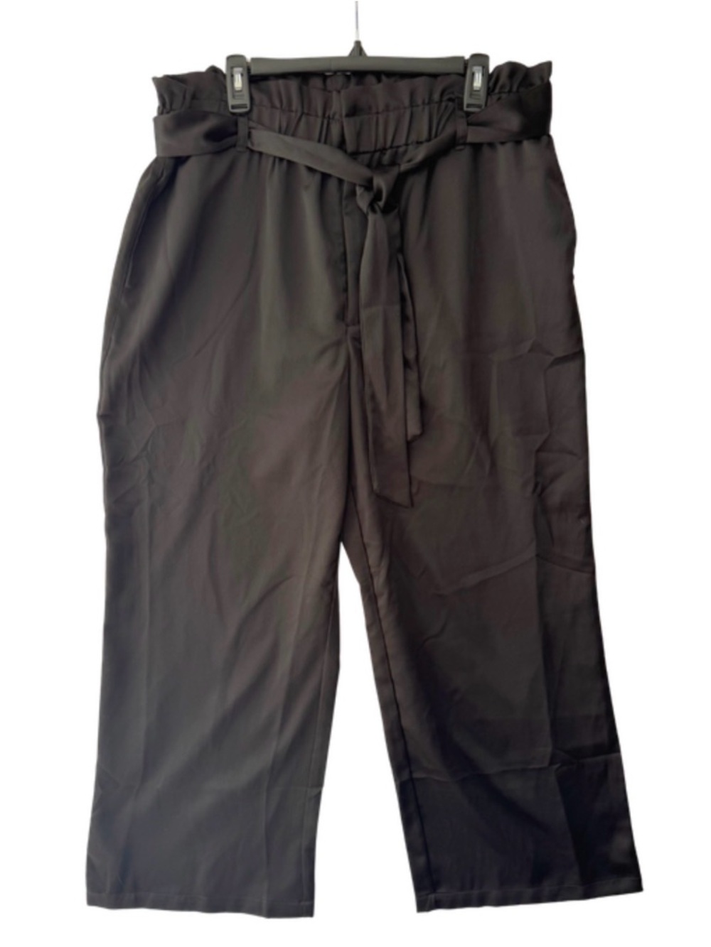 Stretch High-Waist Wide Leg Paperbag Tie Waist Pants - Black Satin